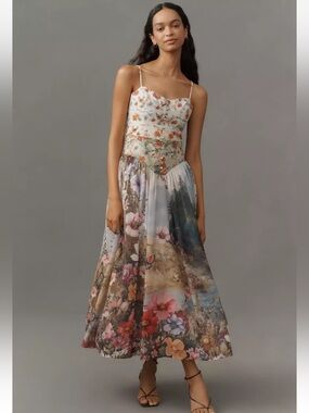 Anthropologie The Muse Basque-Waist Floral Midi Dress